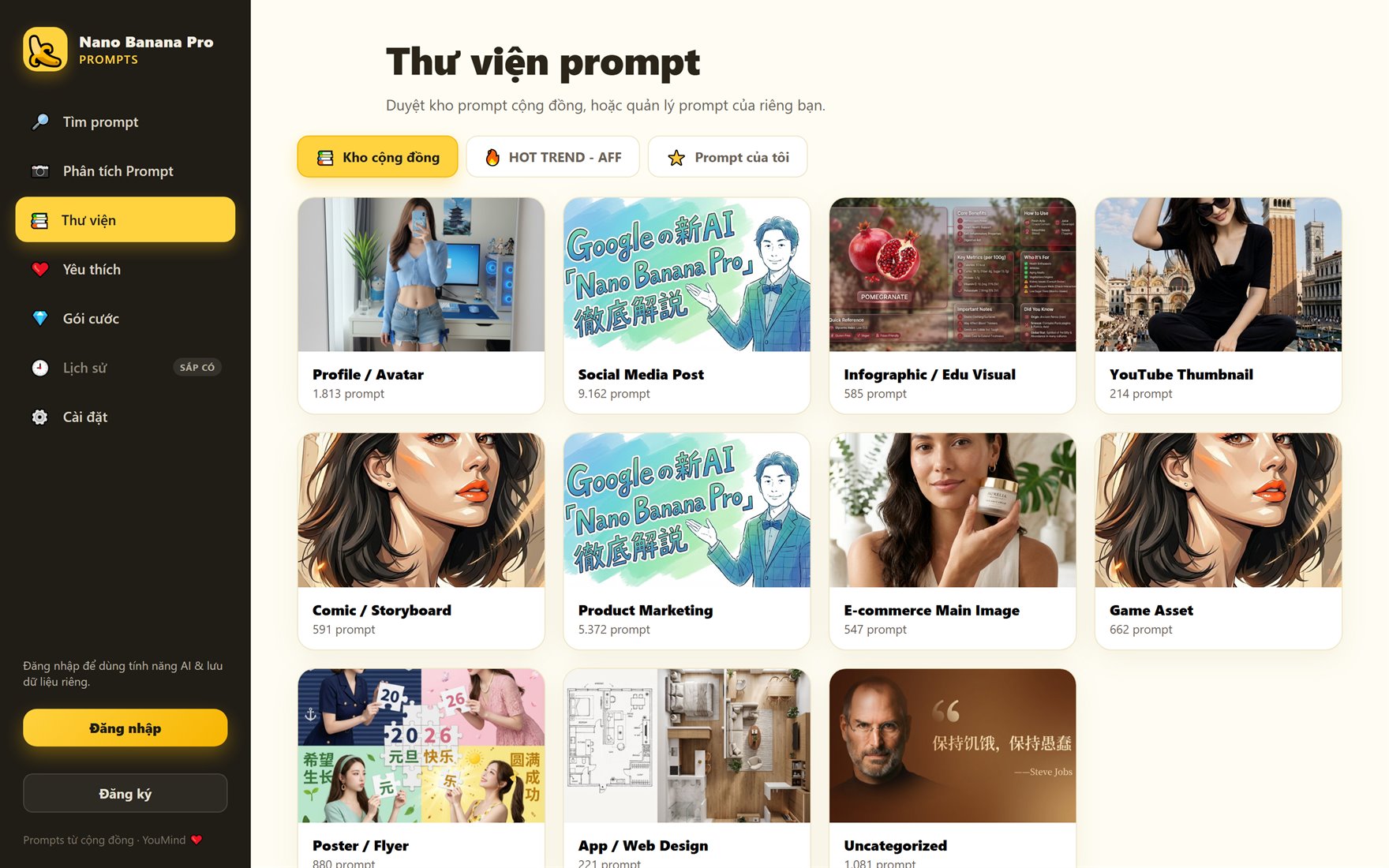 Giao diện Nano Banana Pro Prompts — thư viện hơn 21.000 prompt tạo ảnh AI